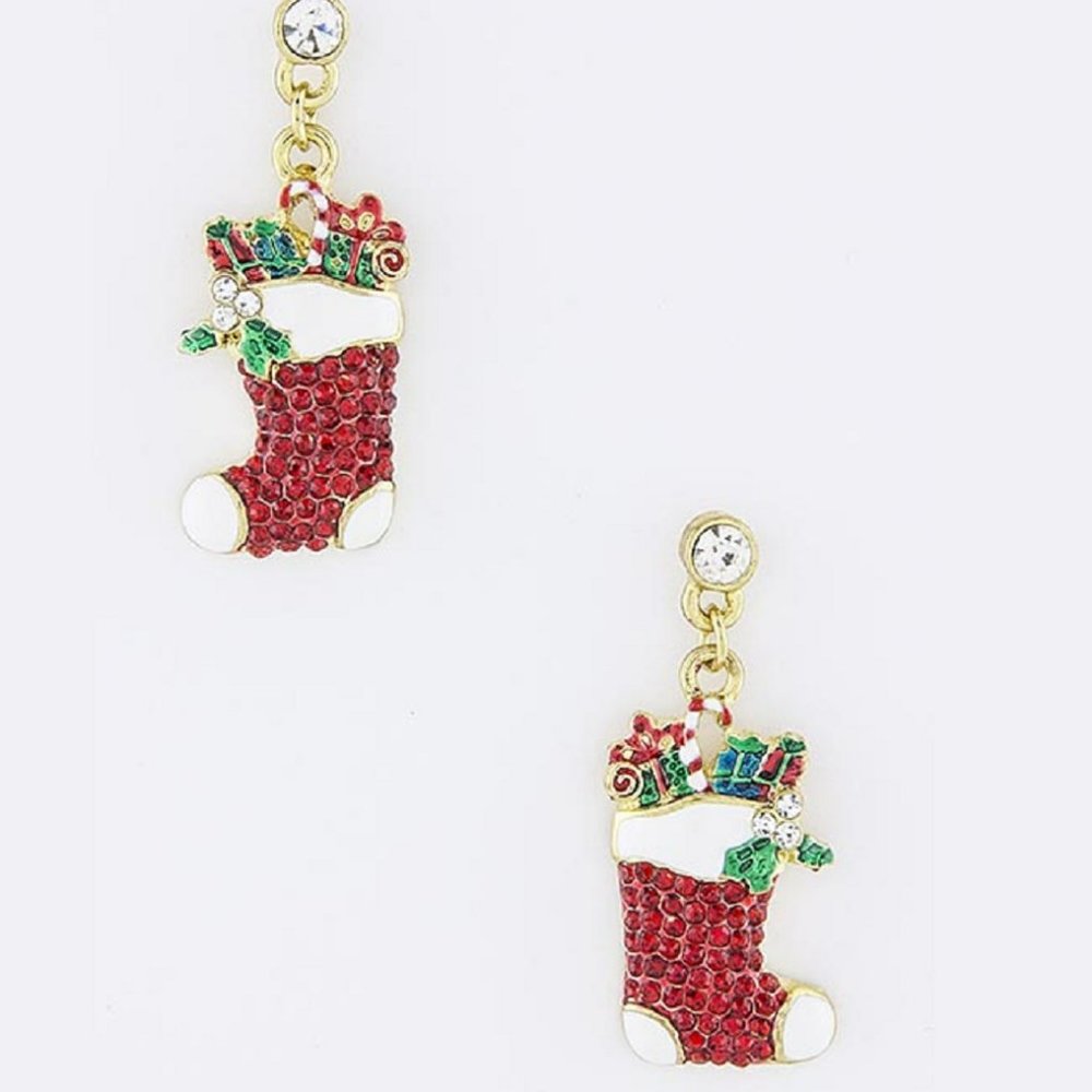 Gold Plated Red Crystal Christmas Stocking Drop Earrings